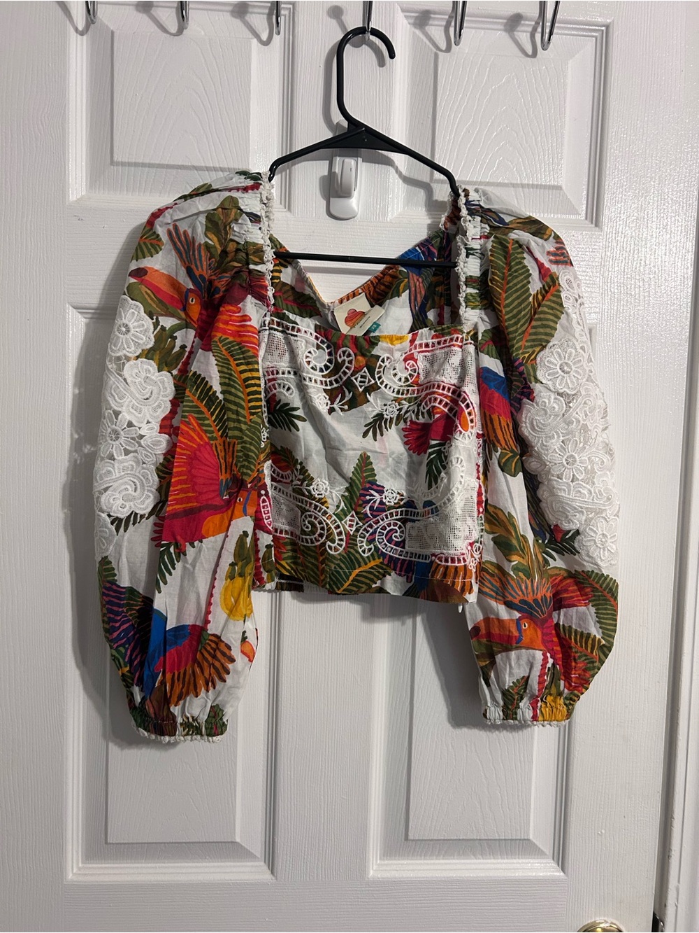 Farm Rio Tropical Floral Lace-Trim Puff Sleeve Crop Top - White/Multi